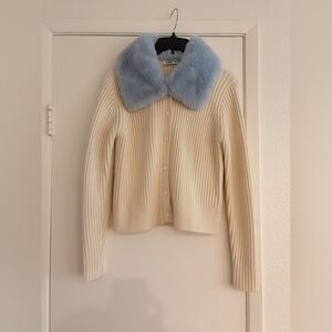 Zara - Cream Sweater with Blue Faux Fur Trim